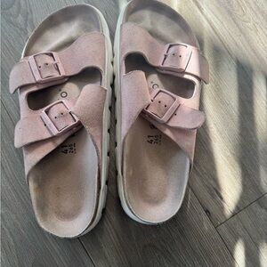 Pink Suede Double Strap Sandals